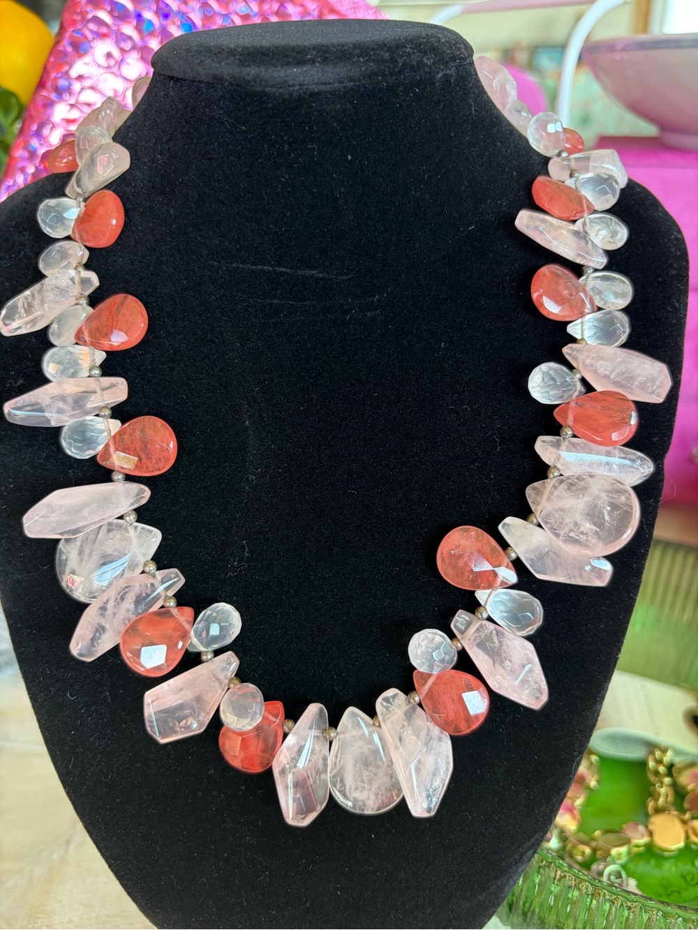 STUNNING Handcrafted Rose & Watermelon Quartz  Statement Necklace - Picture 5 of 8
